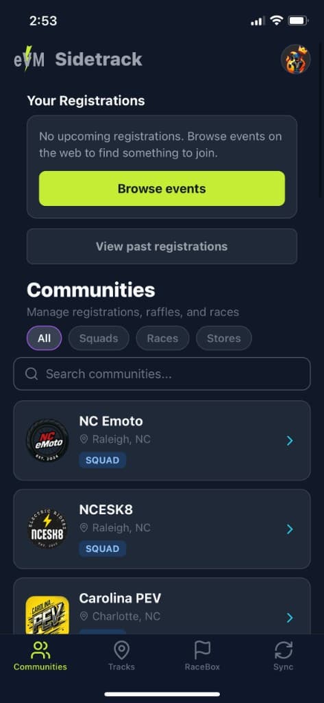 eVM Sidetrack app showing communities, registrations, and event tools