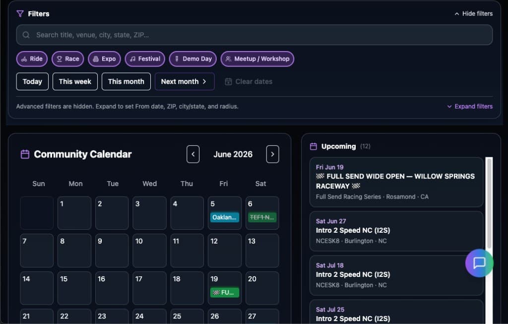 Community calendar with event filters, monthly grid, and upcoming events
