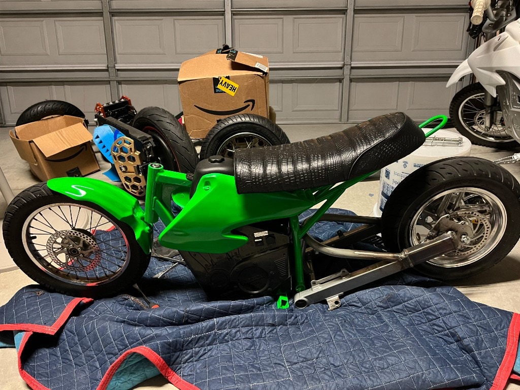 Custom electric motorcycle build in progress at eVM Direct in Rolesville, North Carolina